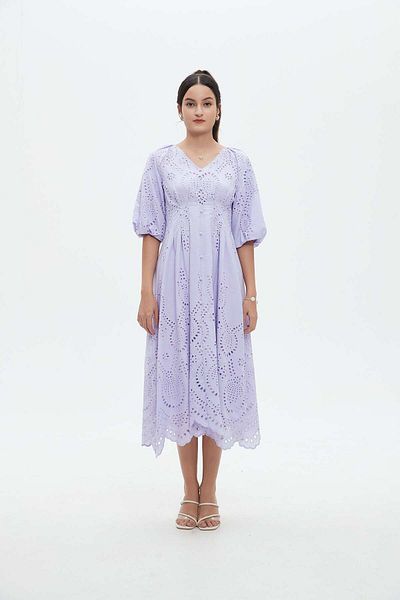Nichii Women's Midi Dress with Embroidered Cut-Outs and 3/4 Sleeves