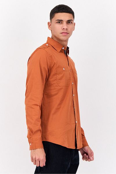 Paper Denim & Cloth Men Slim Fit Solid Long Sleeves Casual Shirt, Rust Brown