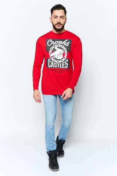 CROOKS CASTLES Men Crew Neck Long Sleeve Graphic Print T Shirt, Red