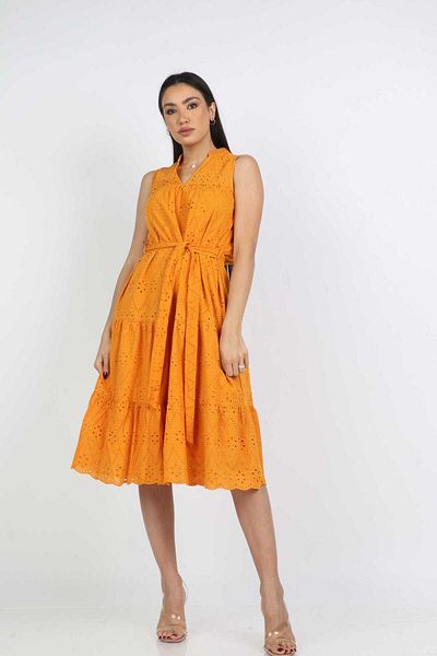 Nichii Women's Midi Puff Lace Dress with Waist Belt, No Sleeves
