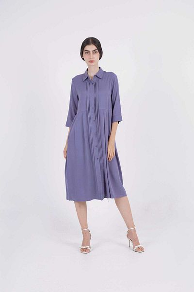 Nichii Women's Long Dress with Front Button Neck and 3/4 Sleeves
