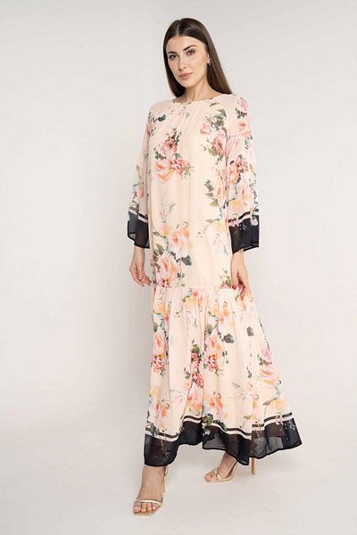 Nichii Women's Floral Midi Dress with Long Loose Sleeves