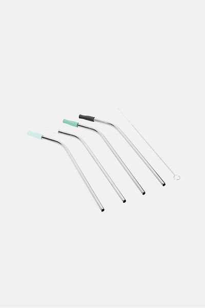 BEBEHOME 4 Piece Stainless Steel Straw With Cleaning Set, Silver
