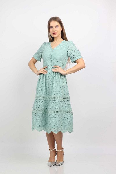 Nichii Short Sleeve Button Front Lace Midi Dress