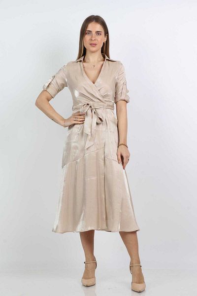 Nichii Short Puff-Sleeve Midi Dress with Open Neck and Bow Tie Detail