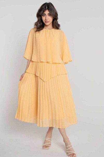 Nichii Women's Solid Midi Dress with Pleated Skirt and Short Sleeves