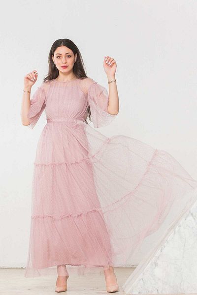 Nichii Women's Sheer Long Evening Dress with Short Sleeves
