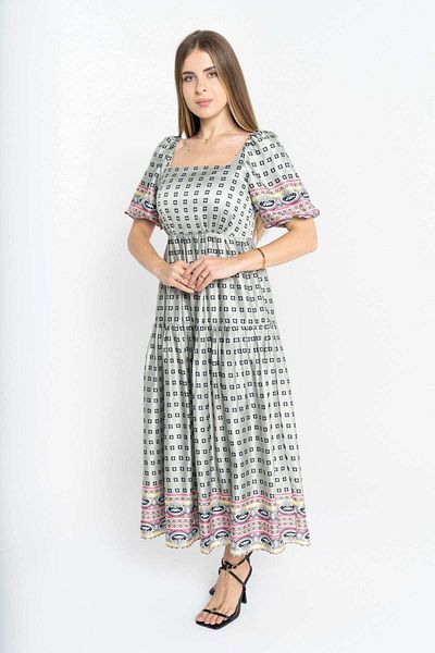 Nichii Short Sleeve Midi Dress with Square Neckline and Print