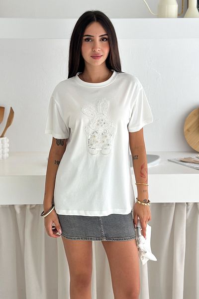 FEMELLE Tricou alb pentru femei, cu model de iepure, brodat cu margele, 100% bumbac