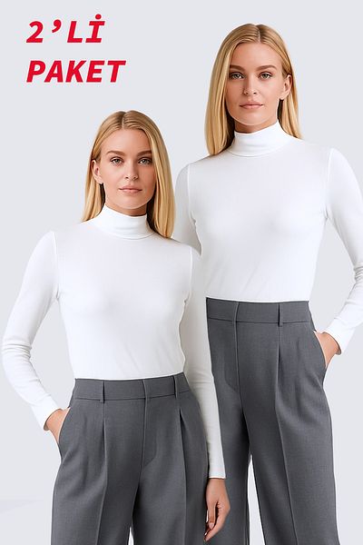 YXL COLLECTION Women's Plus Size Turtleneck Long Sleeve Lycra Combed Cotton Badi - Ecru Set of 2