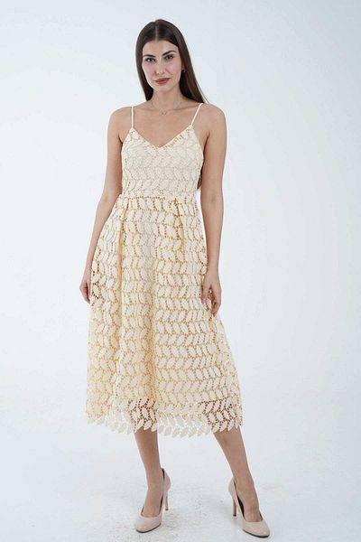 Nichii Sleeveless Midi Dress with Thin Straps and Embroidery