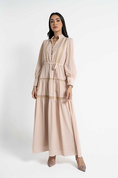 Nichii Women's Long Sleeve Maxi Dress with Front Buttons and Waist Tie