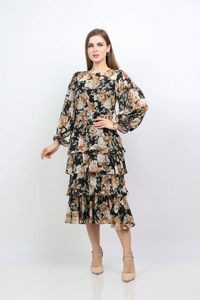 Nichii Layered Floral Print Chiffon Midi Dress with Long Sleeves
