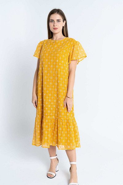 Nichii Women's Floral Midi Dress with Short Sleeves and Open Back