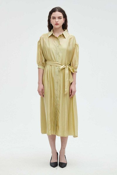 Nichii Solid Midi Dress with Waist Tie and 3/4 Sleeves