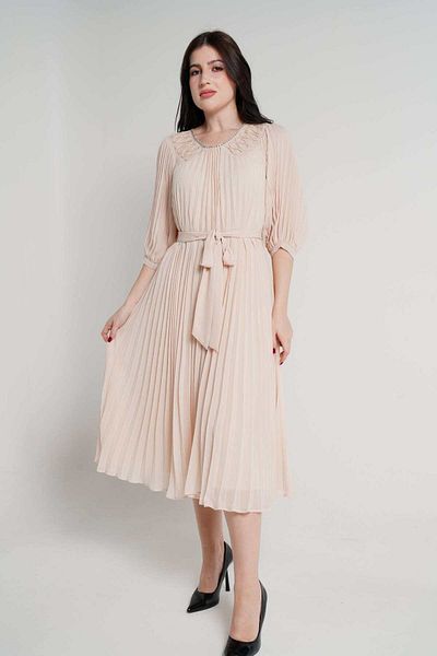 Nichii Women's Solid Midi Dress with 3/4 Sleeves and Pleats