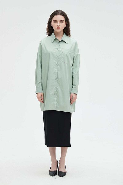 Nichii Women's Short Loose Solid Dress with Front Buttons and Long Sleeves