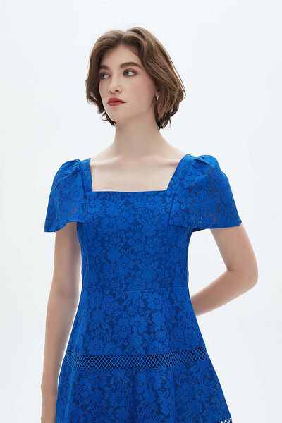 Nichii Floral Midi Dress with Short Wide Sleeves and Square Neck