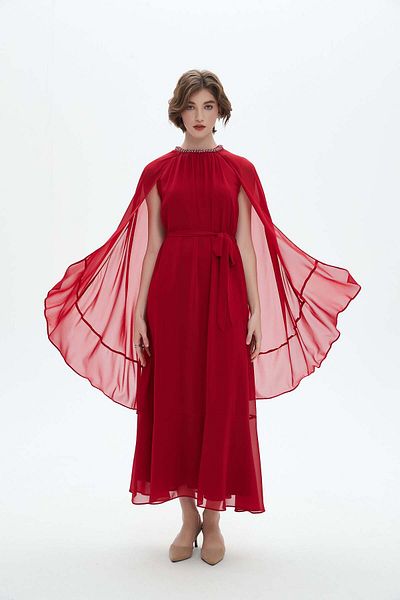 Nichii Long Ruffled Dress with Long Butterfly Sleeves and Round Neck