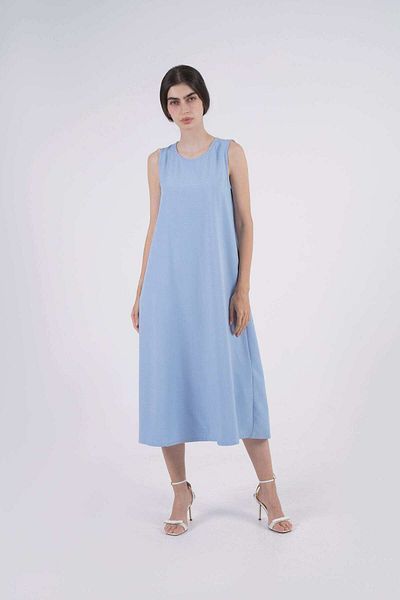 Nichii Women's Plain Wide Midi Dress with Round Neck and No Sleeves