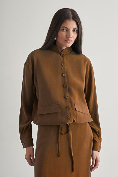 Mizalle Taba İp Büzgülü Torba Cepli Modal Karışımlı Camel Ceket