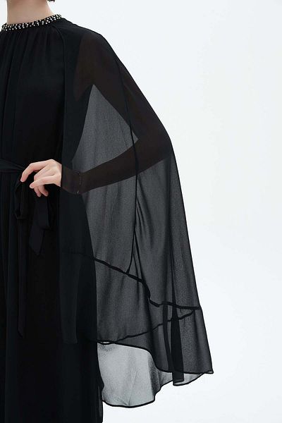 Nichii Long Ruffled Dress with Long Butterfly Sleeves and Round Neck