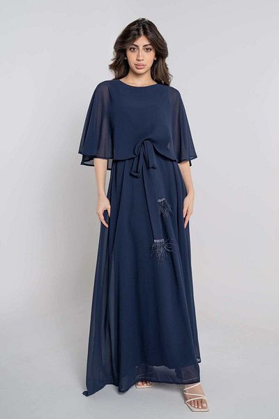 Nichii Women's Long Half-Sleeve Dress with Waist Tie