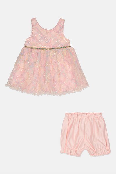 American Princess Toddlers Girl 2 Pieces Textured Dress And Short Set, Pink