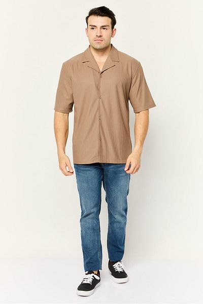 Core Elements Men Notched Collar Short Sleeve Stripe Casual Shirt, Tan