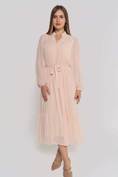 Nichii Solid Midi Dress with Long Sleeves and Tie