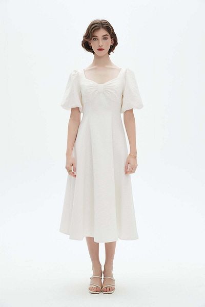 Nichii Square Neck Ruffled Midi Dress with Short Sleeves