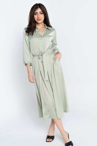 Nichii Women's Solid Midi Dress with Belt and Front Buttons, 3/4 Sleeves