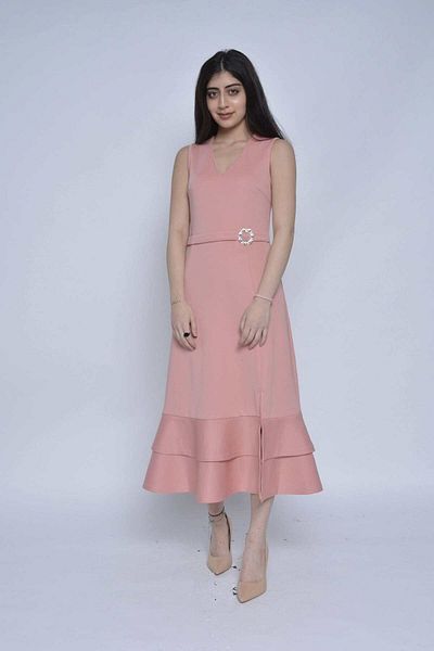 Nichii Solid Midi Dress with Thigh Slit and Waist Belt, No Sleeves