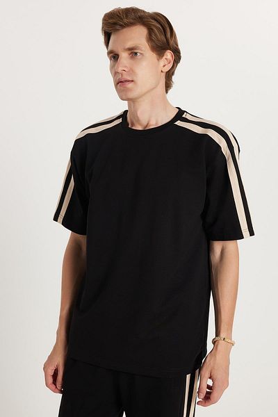 Tudors Men's Standard Fit Regular Fit Cotton Crew Neck Stripe Black Tracksuit Set