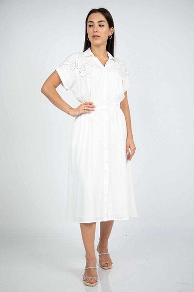 Nichii Women's Midi Shirt Dress with Front Buttons and Hidden Waist Belt, Short Sleeve
