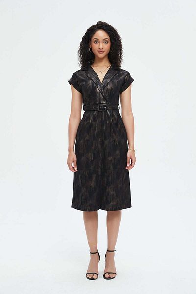 Nichii Women's Midi Dress with Short Sleeves, Long Collar, and Waist Belt