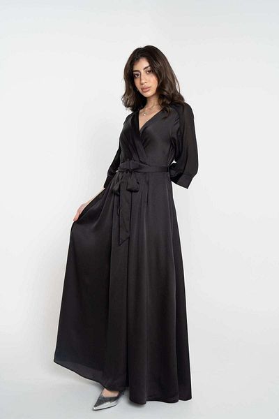 Nichii Women's Long Solid Dress with Waist Tie and Long Sleeves