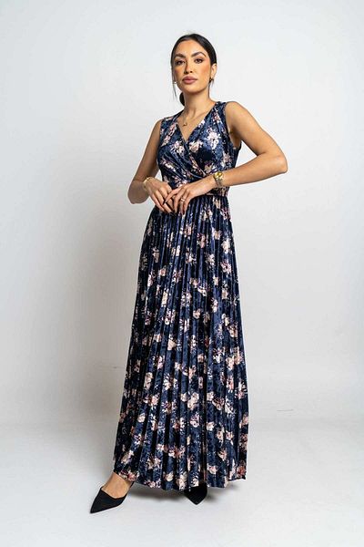 Nichii Women's Long Floral Maxi Dress with Seven Pleats