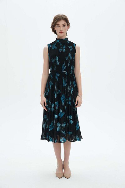 Nichii Women's Midi Dress with Butterfly Print and High Neck