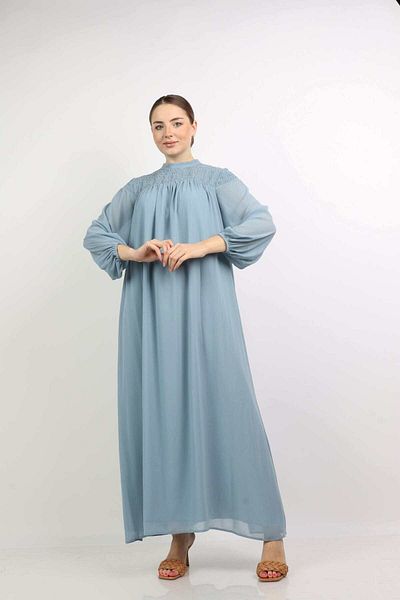 Nichii Soft Long Flowy Dress with Ruffles at the Chest and Long Sleeves -