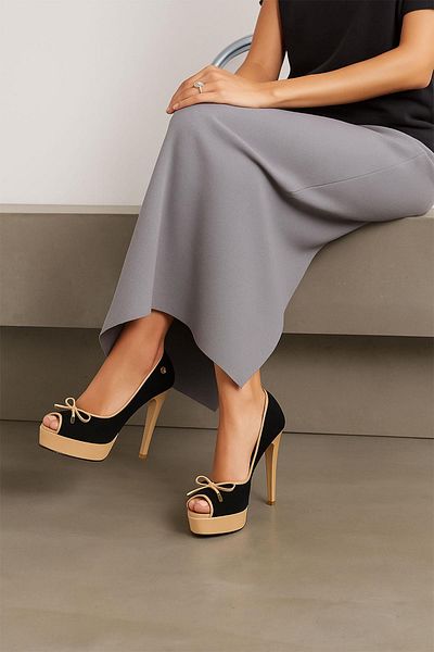 Deriderim Black Suede Bow Detailed Platform Heeled Shoes