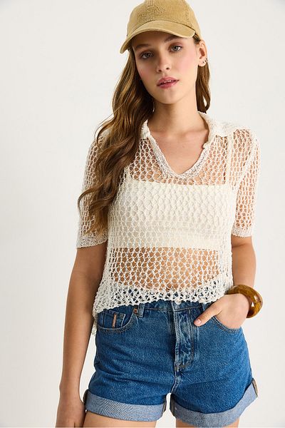 Bianco Lucci Women's Mesh Detail Collared Openwork Knitwear Blouse 20251006