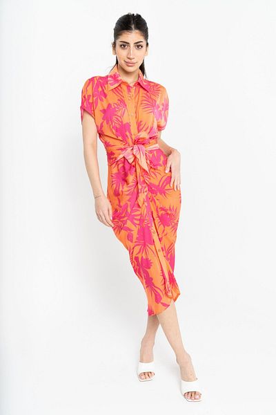 Nichii Floral Short Sleeve Midi Dress with Waist Belt