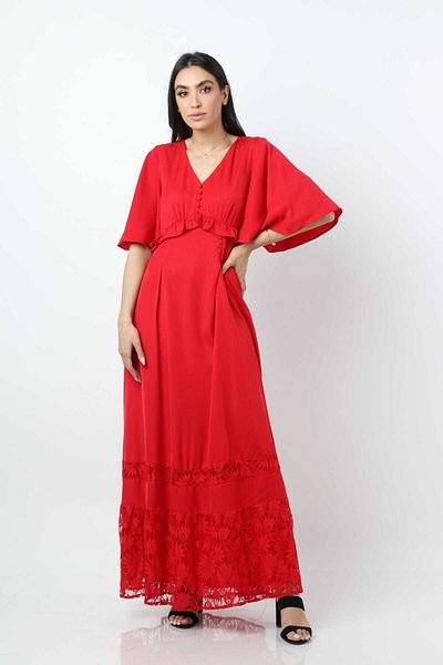 Nichii Soft Polyester Long Dress with V-Neck and Short Sleeves