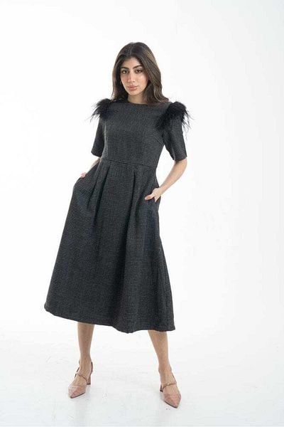 Nichii Women's Midi Dress Embellished with Feathers on the Shoulder