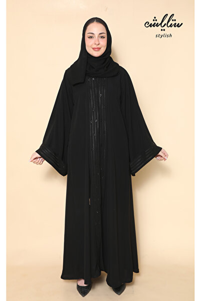Stylish عباية نواعم بازرار باللون الاسود مزينة بكريستال بالامام
