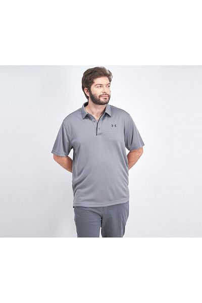 Under Armour Men Pointed Neck Tech Textured,Stripe Short Sleeve Polo, Grey