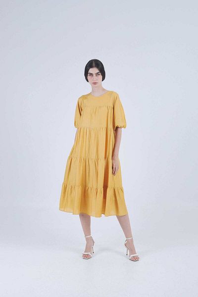 Nichii Women's Wide Puff Midi Dress with Short Sleeves
