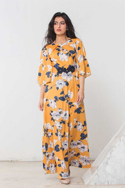 Nichii Women's Floral Maxi Dress with 3/4 Sleeves and Open Design