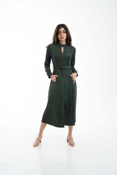 Nichii Women's Long Sleeve Open Front Midi Dress with Waist Belt